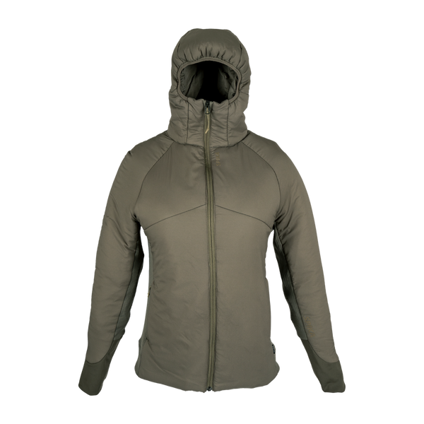 Spika Aura women's hybrid puffer jacket in Dusky Green with hood up and full zip, front view