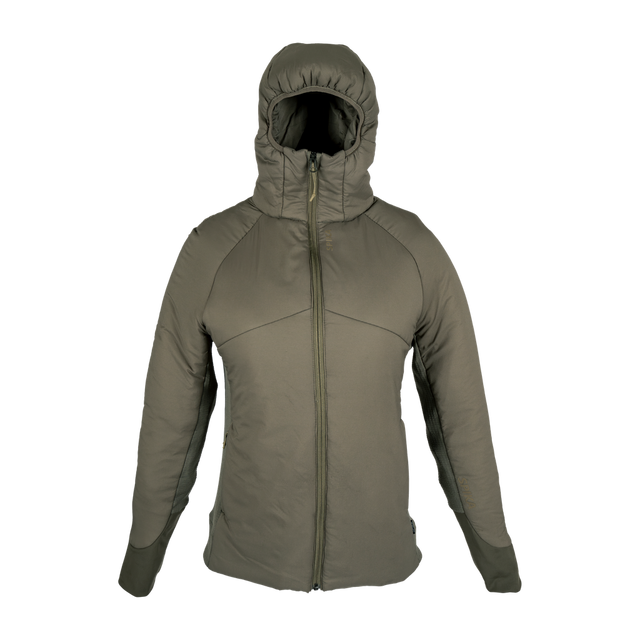 Spika Aura women's hybrid puffer jacket in Dusky Green with hood up and full zip, front view