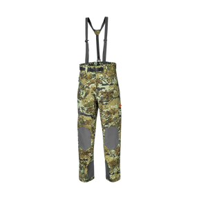 Spika Edge men's waterproof hunting pants in Biarri Camo with braces and grey knee patches, front