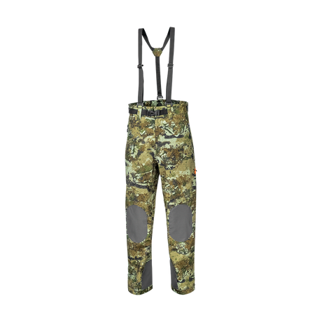 Spika Edge men's waterproof hunting pants in Biarri Camo with braces and grey knee patches, front