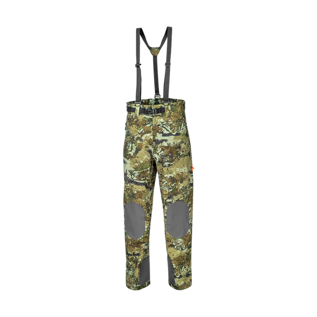 Spika Edge men's waterproof hunting pants in Biarri Camo with braces and grey knee patches, front
