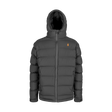 Spika Terra men's hooded down puffer jacket in Black, front view with orange stag chest logo