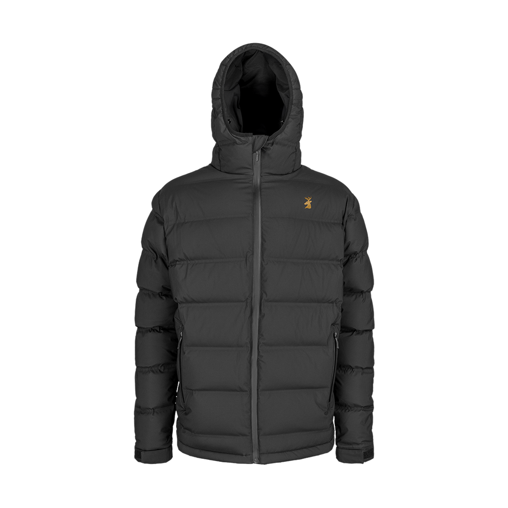 Spika Terra men's hooded down puffer jacket in Black, front view with orange stag chest logo