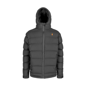 Spika Terra men's hooded down puffer jacket in Black, front view with orange stag chest logo