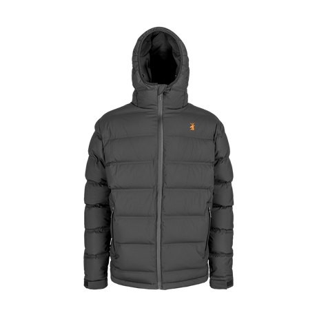 Spika Terra men's hooded down puffer jacket in Black, front view with orange stag chest logo