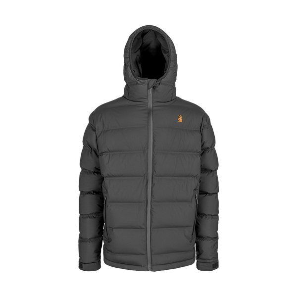 Spika Terra men's hooded down puffer jacket in Black, front view with orange stag chest logo