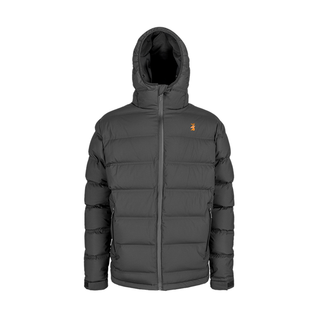 Spika Terra men's hooded down puffer jacket in Black, front view with orange stag chest logo