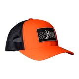Spika Cast Antler patch trucker cap in Blaze/Charcoal, three-quarter view with mesh back