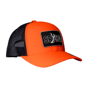 Spika Cast Antler patch trucker cap in Blaze/Charcoal, three-quarter view with mesh back