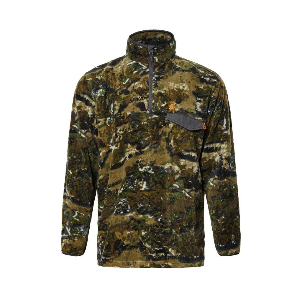 Spika Basecamp men's fleece jumper in Biarri Camo with half zip and grey chest pocket, front view
