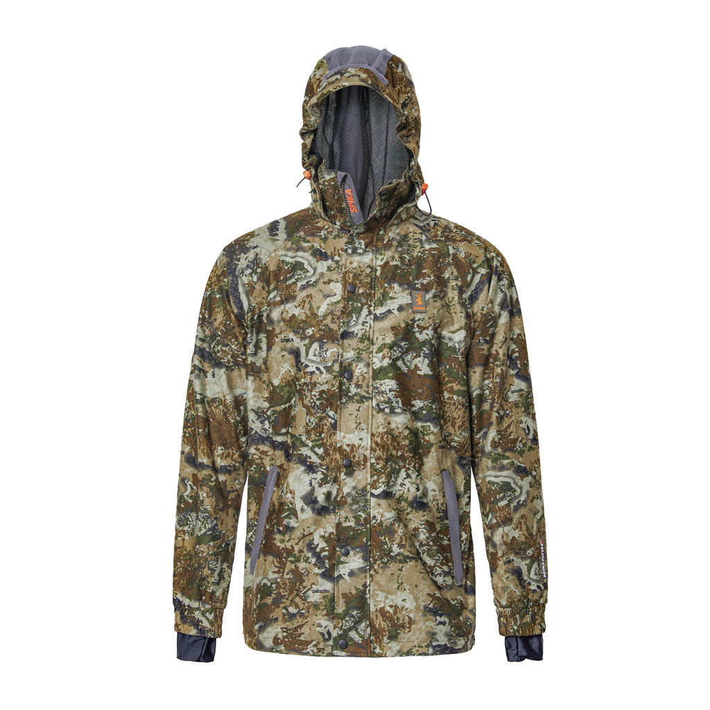 Spika Valley men's hunting jacket in Biarri Camo, front view with hood up
