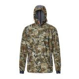 Spika Valley men's hunting jacket in Biarri Camo, front view with hood up