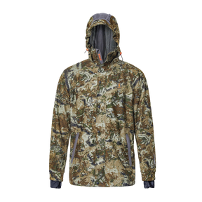Spika Valley men's hunting jacket in Biarri Camo, front view with hood up
