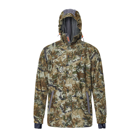 Spika Valley men's hunting jacket in Biarri Camo, front view with hood up