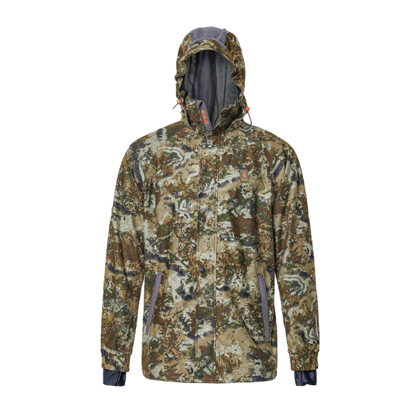 Spika Valley men's hunting jacket in Biarri Camo, front view with hood up