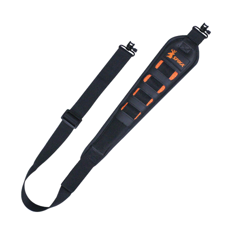 Spika premium padded rifle sling in black with orange cutouts, Spika logo and quick-detach swivels