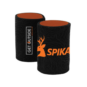 Two Spika stubby holders in black with orange Spika logo and Get Outside print