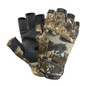 Spika Precision men's fingerless shooting gloves in Biarri Camo, pair showing back and palm grip