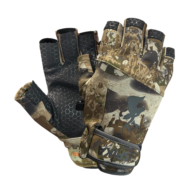 Spika Precision men's fingerless shooting gloves in Biarri Camo, pair showing back and palm grip