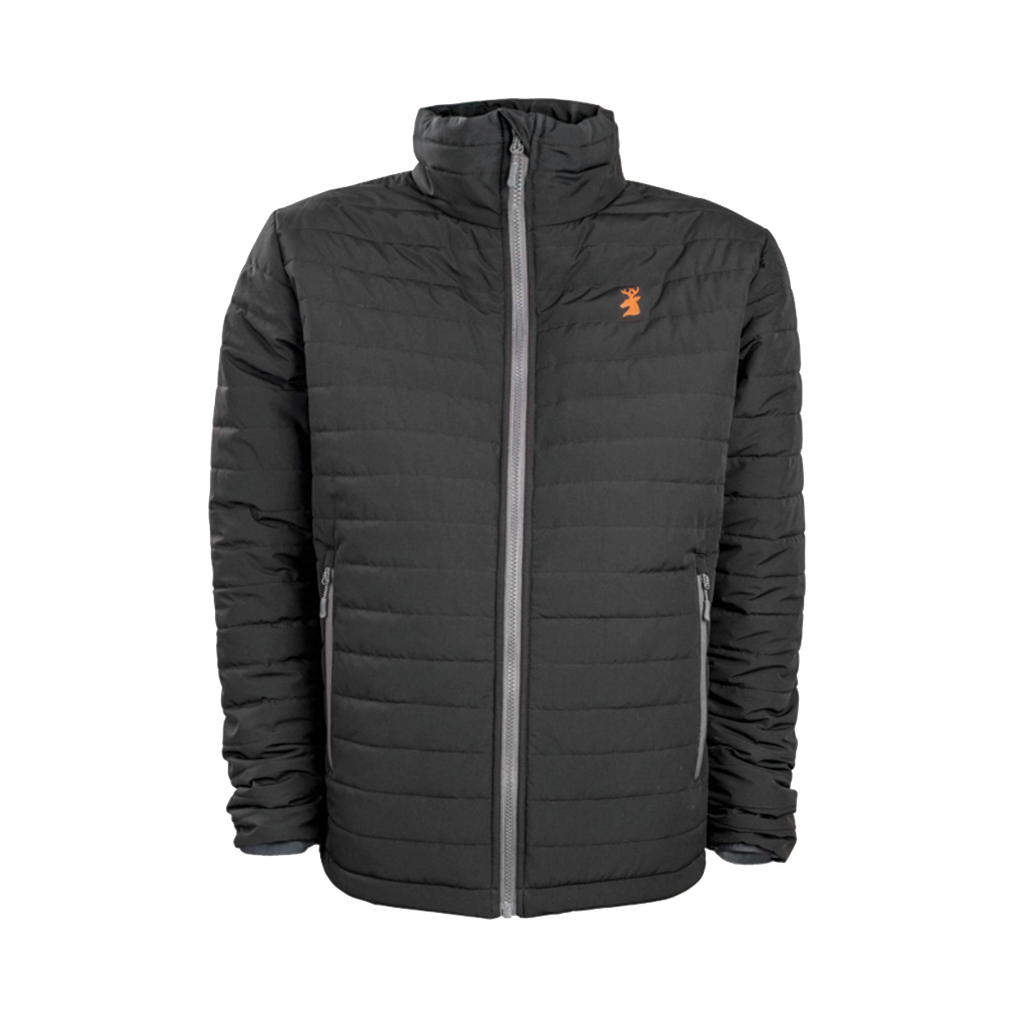 Spika GO Chase men's puffer jacket in black, front view with grey zip and orange stag chest logo