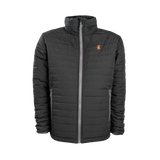 Spika GO Chase men's puffer jacket in black, front view with grey zip and orange stag chest logo