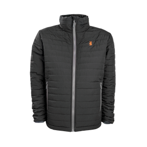 Spika GO Chase men's puffer jacket in black, front view with grey zip and orange stag chest logo