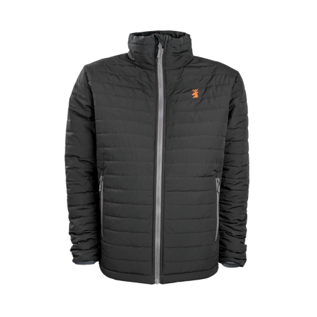 Spika GO Chase men's puffer jacket in black, front view with grey zip and orange stag chest logo