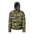 Spika Terra men's hooded down puffer jacket in Biarri Camo, front view with contrast grey zip