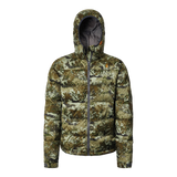 Spika Terra men's hooded down puffer jacket in Biarri Camo, front view with contrast grey zip
