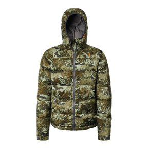 Spika Terra men's hooded down puffer jacket in Biarri Camo, front view with contrast grey zip