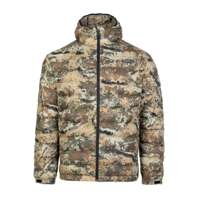 Spika Hideout men's packable puffer jacket in Biarri Camo, front view with hood and full zip