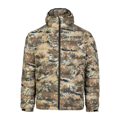 Spika Hideout men's packable puffer jacket in Biarri Camo, front view with hood and full zip