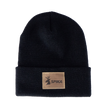 Spika Summit adult cuffed knit beanie in Black with tan leather-look Spika deer logo patch