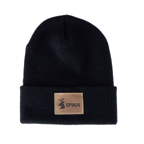 Spika Summit adult cuffed knit beanie in Black with tan leather-look Spika deer logo patch