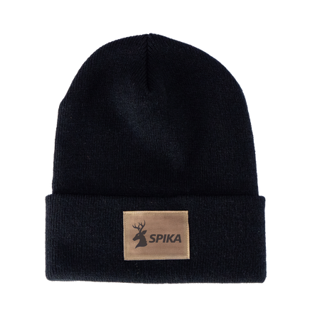 Spika Summit adult cuffed knit beanie in Black with tan leather-look Spika deer logo patch