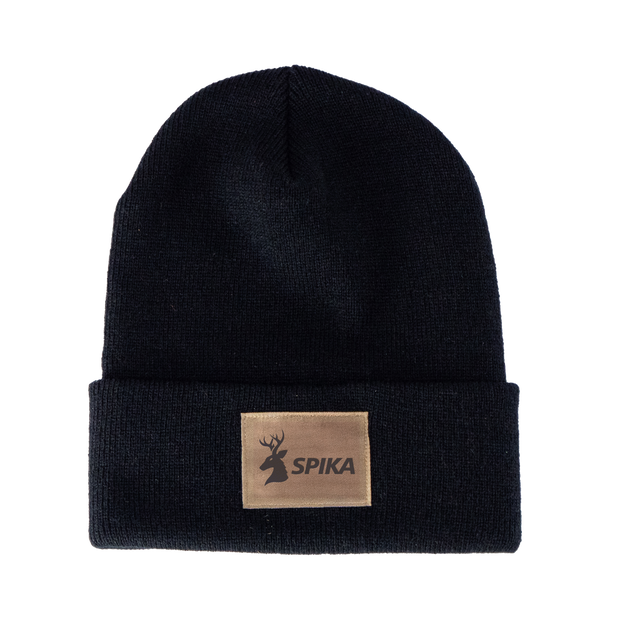 Spika Summit adult cuffed knit beanie in Black with tan leather-look Spika deer logo patch