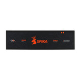 Spika bar mat in black with orange Spika stag logo and Spika product range branding