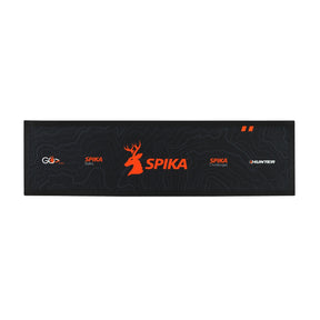 Spika bar mat in black with orange Spika stag logo and Spika product range branding
