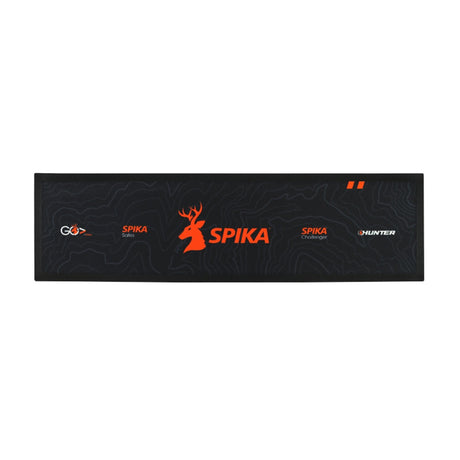 Spika bar mat in black with orange Spika stag logo and Spika product range branding
