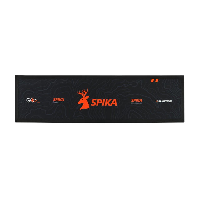 Spika bar mat in black with orange Spika stag logo and Spika product range branding