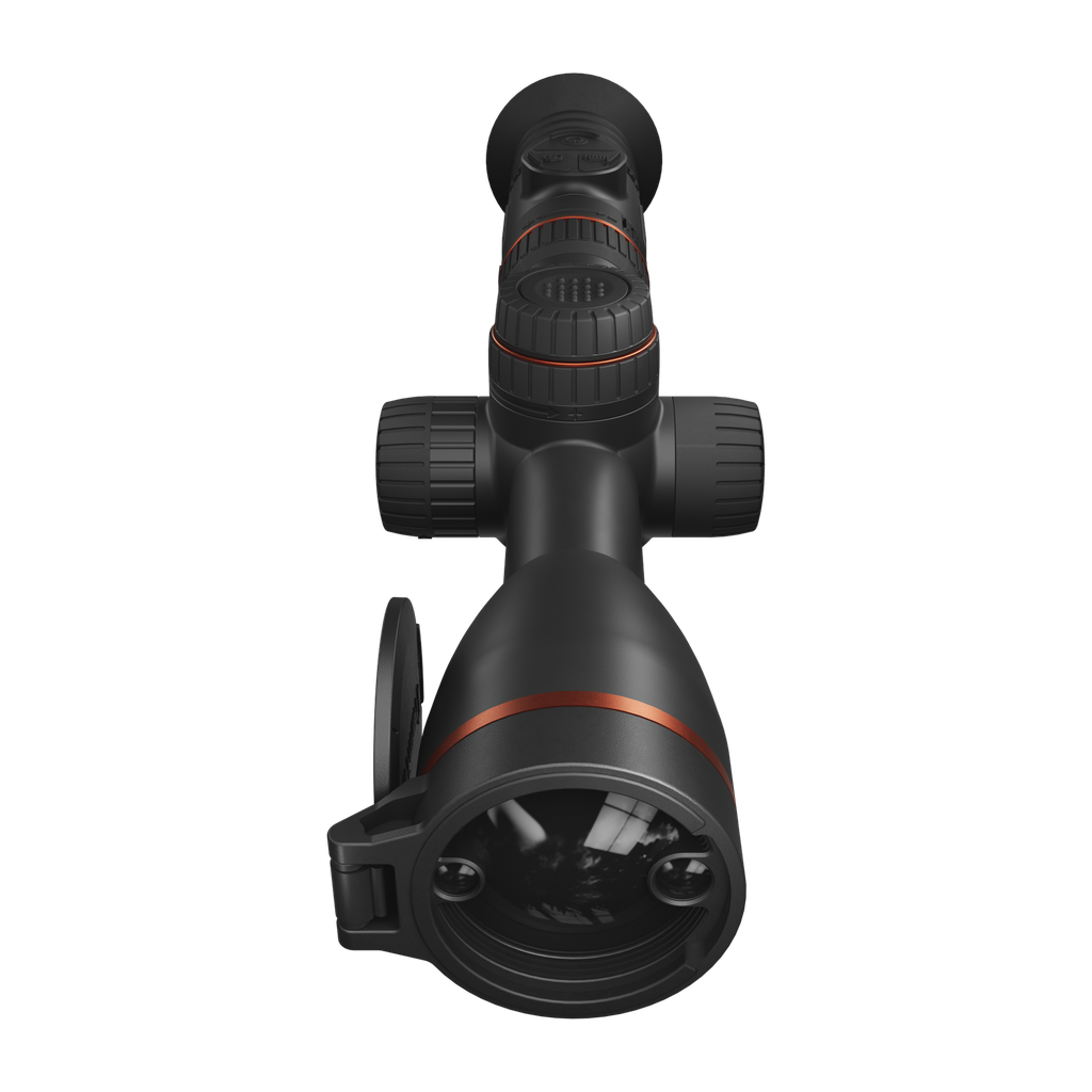 ThermTec Oryx 635L thermal tube scope, front end-on view of objective lens and rangefinder with cap open