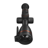 ThermTec Oryx 635L thermal tube scope, front end-on view of objective lens and rangefinder with cap open