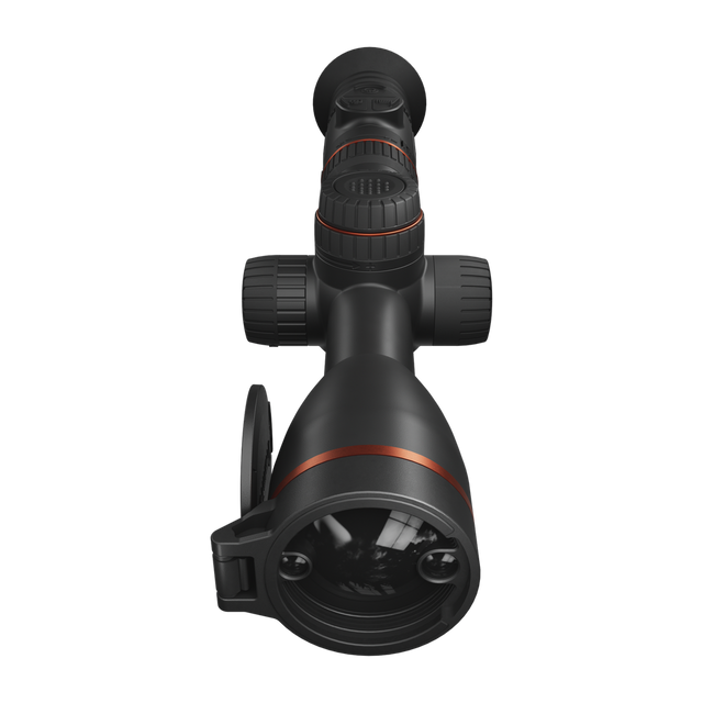 ThermTec Oryx 635L thermal tube scope, front end-on view of objective lens and rangefinder with cap open