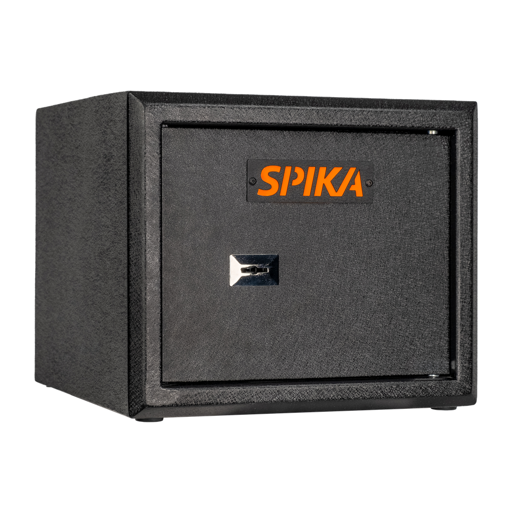 Spika S2A medium ammo safe addition in black with orange Spika logo, three-quarter view
