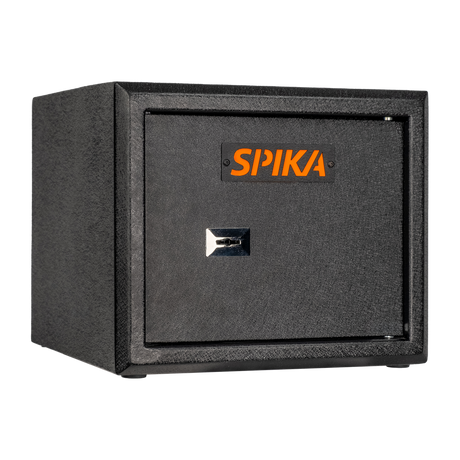 Spika S2A medium ammo safe addition in black with orange Spika logo, three-quarter view