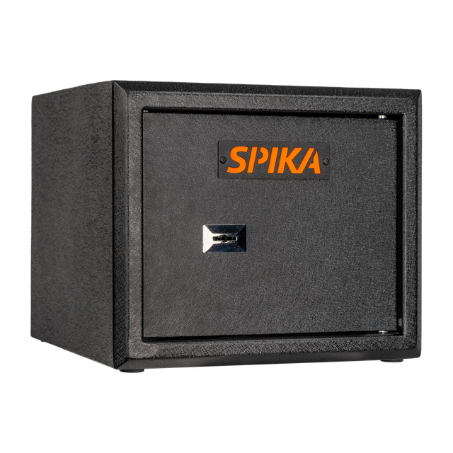 Spika S2A medium ammo safe addition in black with orange Spika logo, three-quarter view