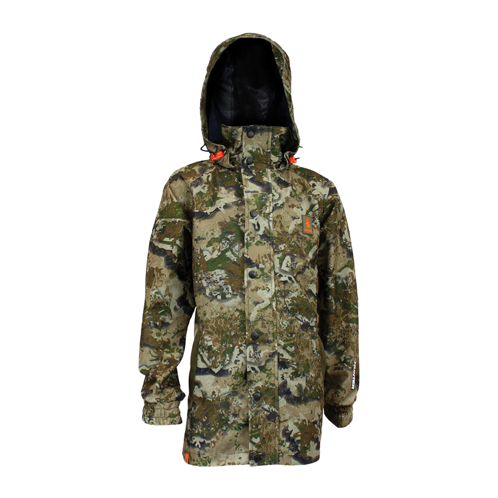 Spika Valley kids' waterproof hooded hunting jacket in Biarri Camo, front view