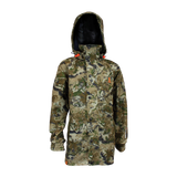 Spika Valley kids' waterproof hooded hunting jacket in Biarri Camo, front view