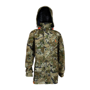 Spika Valley kids' waterproof hooded hunting jacket in Biarri Camo, front view