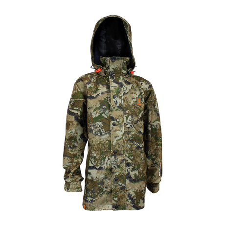 Spika Valley kids' waterproof hooded hunting jacket in Biarri Camo, front view
